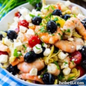 Close-up of Italian Marinated Shrimp in a large bowl, ready for serving.