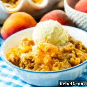 Peach Crisp topped with ice cream in a bowl.