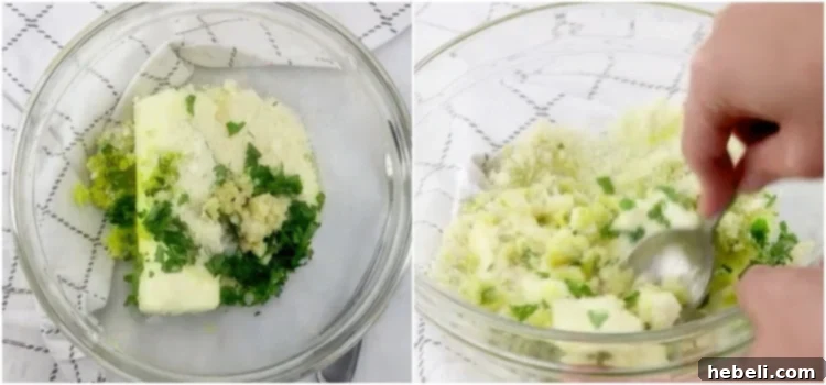 A bowl of butter, olive oil, minced pepperoncini peppers, Parmesan, parsley, and garlic being mixed with a spoon.
