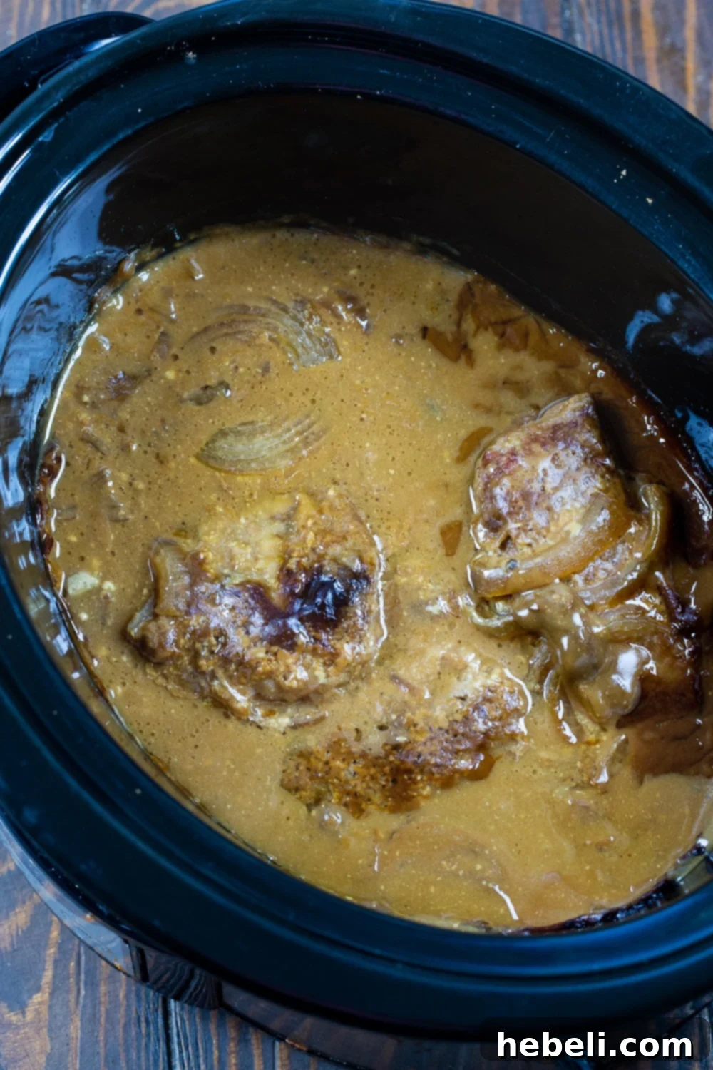 Cubed Steak with Gravy in a slow cooker.