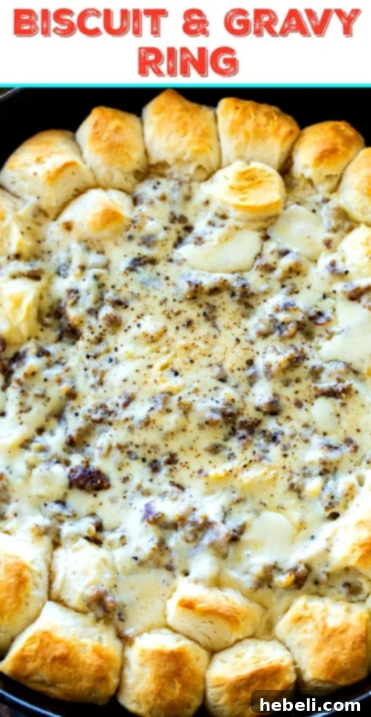 Another beautiful shot of the Biscuit and Gravy Ring, showcasing its inviting presentation for breakfast.