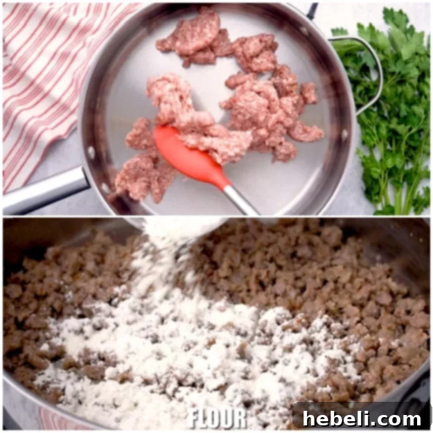 Cooking and crumbling breakfast sausage in a skillet before adding flour.