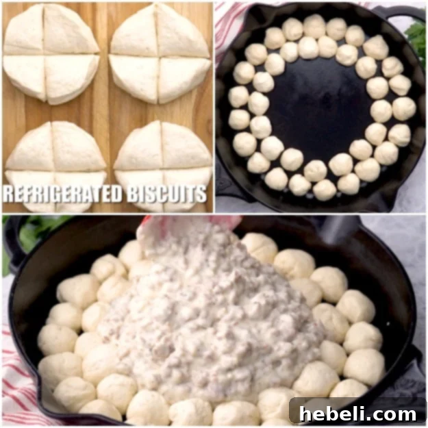Assembling the Biscuit and Gravy Ring by placing shaped biscuit pieces around the edge of a skillet and filling the center with gravy.