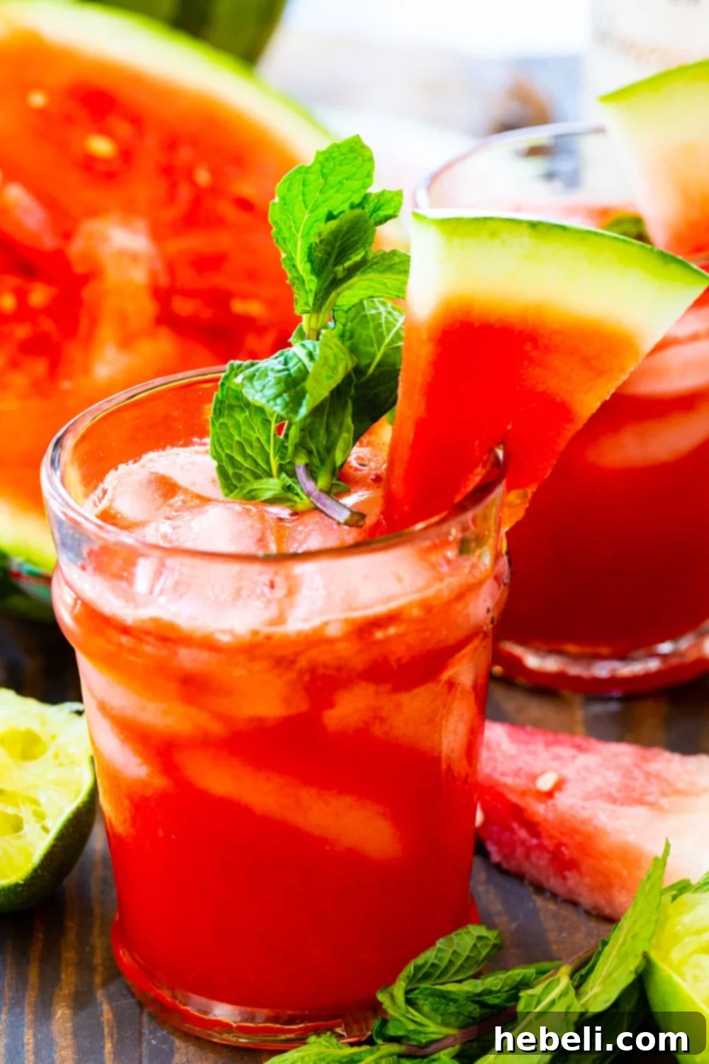 A vibrant Honeysuckle Watermelon Cocktail in a glass, beautifully garnished with fresh mint and slices of ripe watermelon, symbolizing pure summer refreshment.