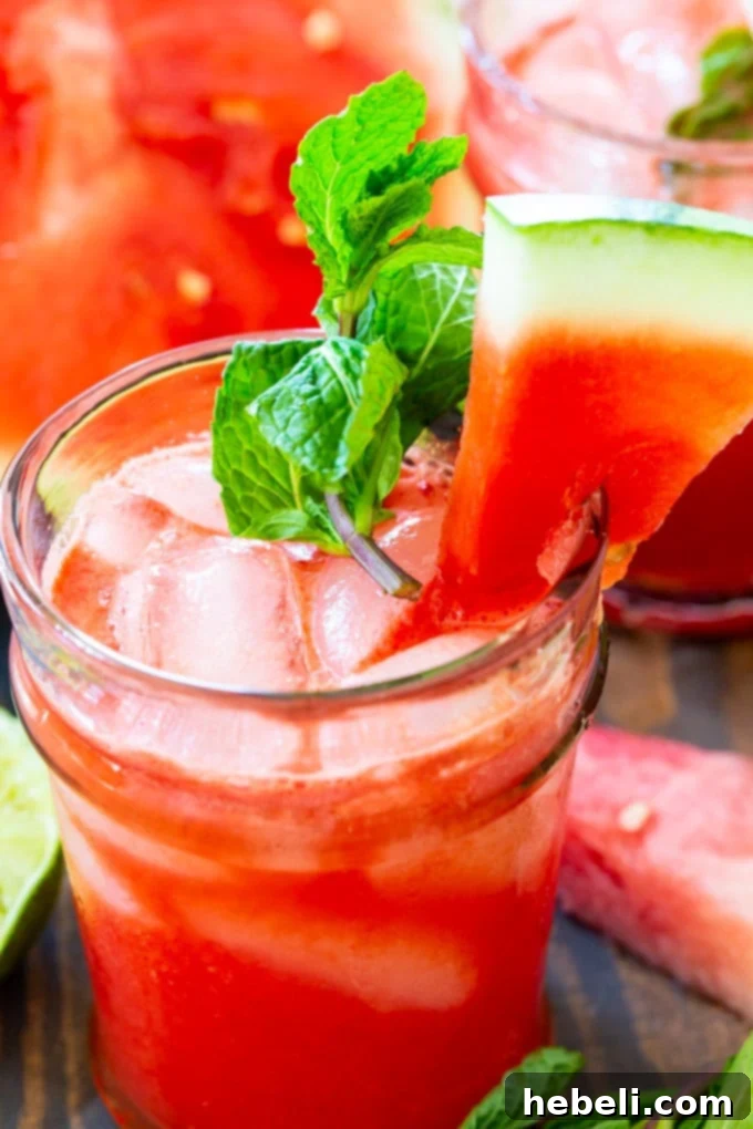 A close-up view of a Honeysuckle Watermelon Cocktail, featuring its enticing pink hue, garnished with a vibrant sprig of mint and ice.