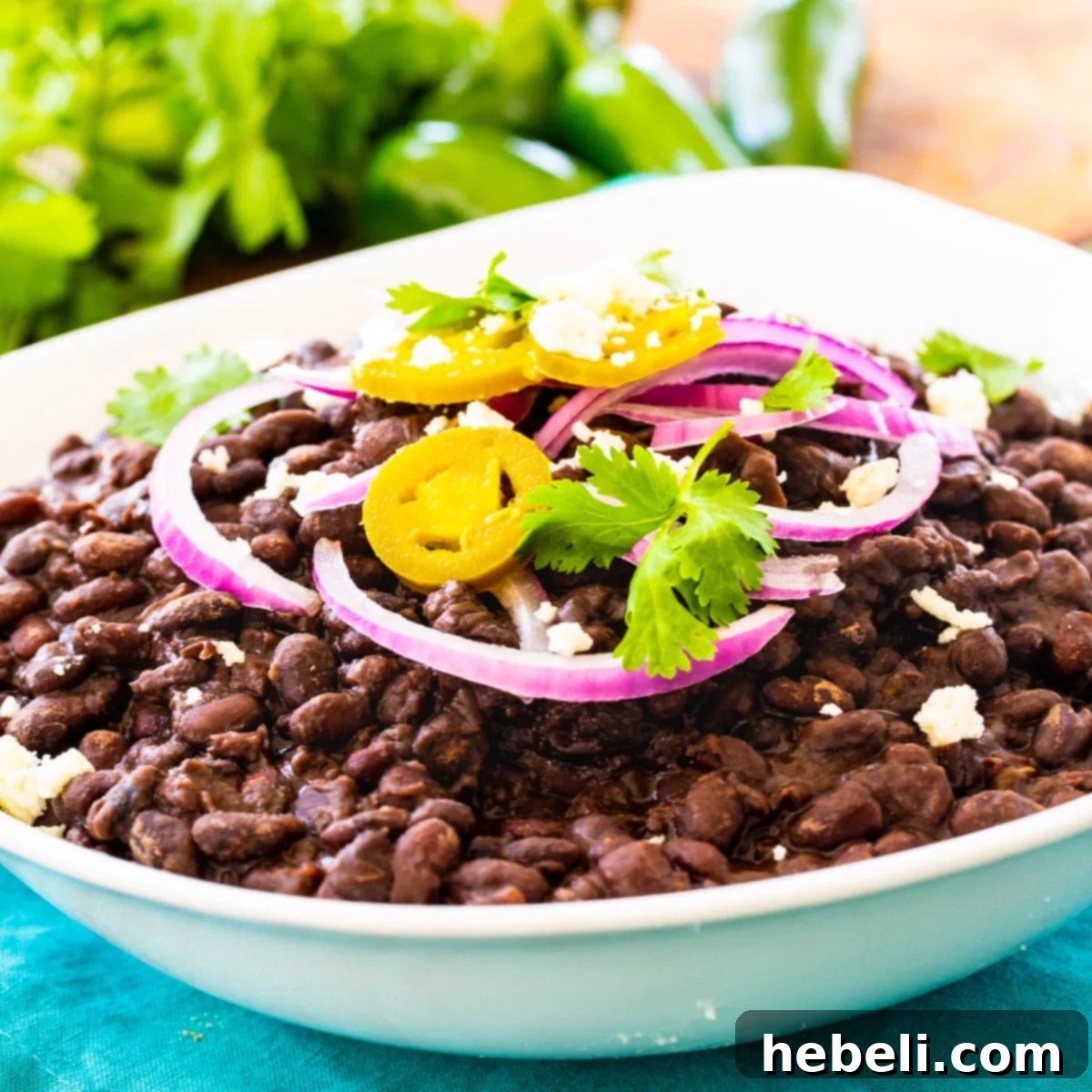 Bold & Spicy Black Beans 2 Spicy Black Beans in white bowl, topped with red onion and cilantro.