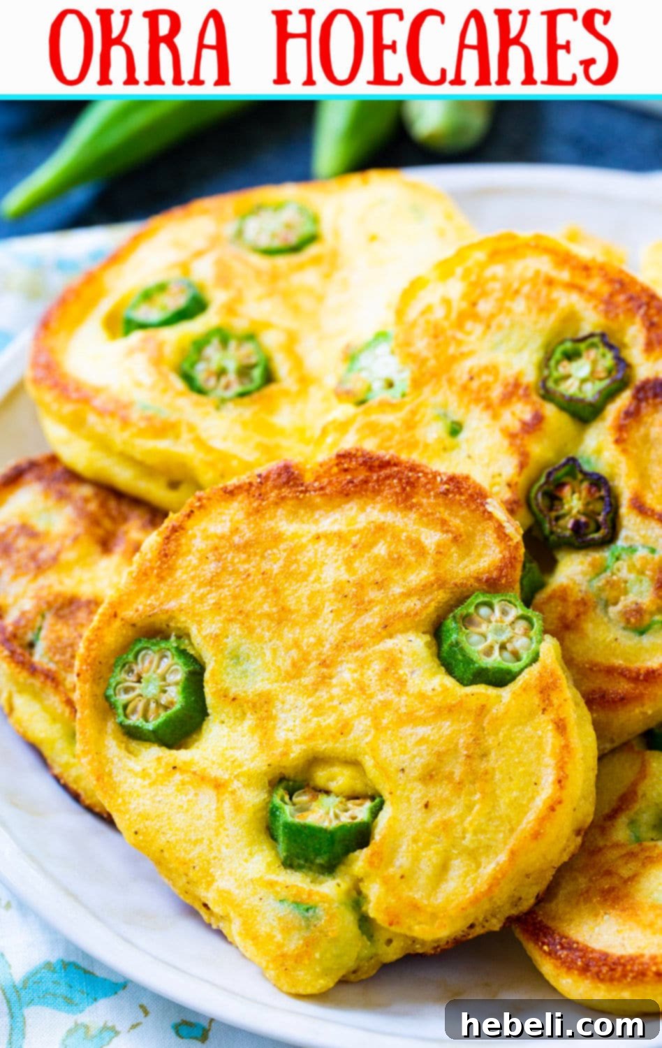 Crispy Okra Hoecakes 6 Beautifully fried Okra Hoecakes presented on a serving platter, inviting you to try a taste of the South.