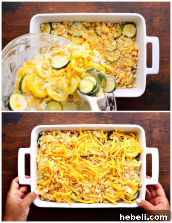 A baking dish half-filled with the vegetable mixture, topped with cracker crumbs, and another image showing the full casserole before baking, with a cracker and cheese topping.