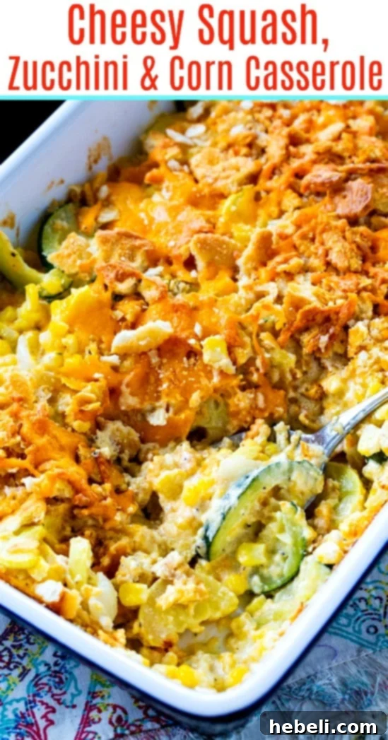 A final shot of the Cheesy Squash, Zucchini, and Corn Casserole in a serving dish, ready for a family meal or gathering.