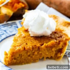 Slice of Southern Sweet Potato Pie topped with whipped cream.