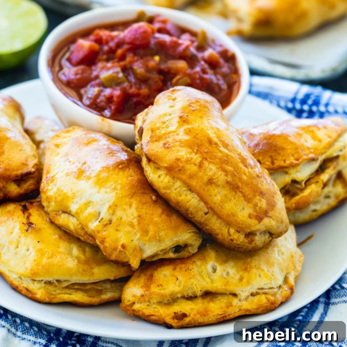 Golden brown Baked Pork Picadillo Empanadas on a plate with a small bowl of fresh salsa, ready to be enjoyed.