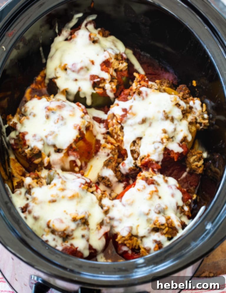 Close-up of Slow Cooker Stuffed Peppers before cooking.