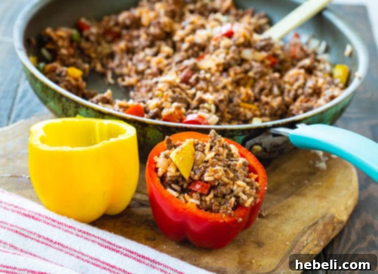 Close-up of seasoned ground beef filling for stuffed bell peppers.