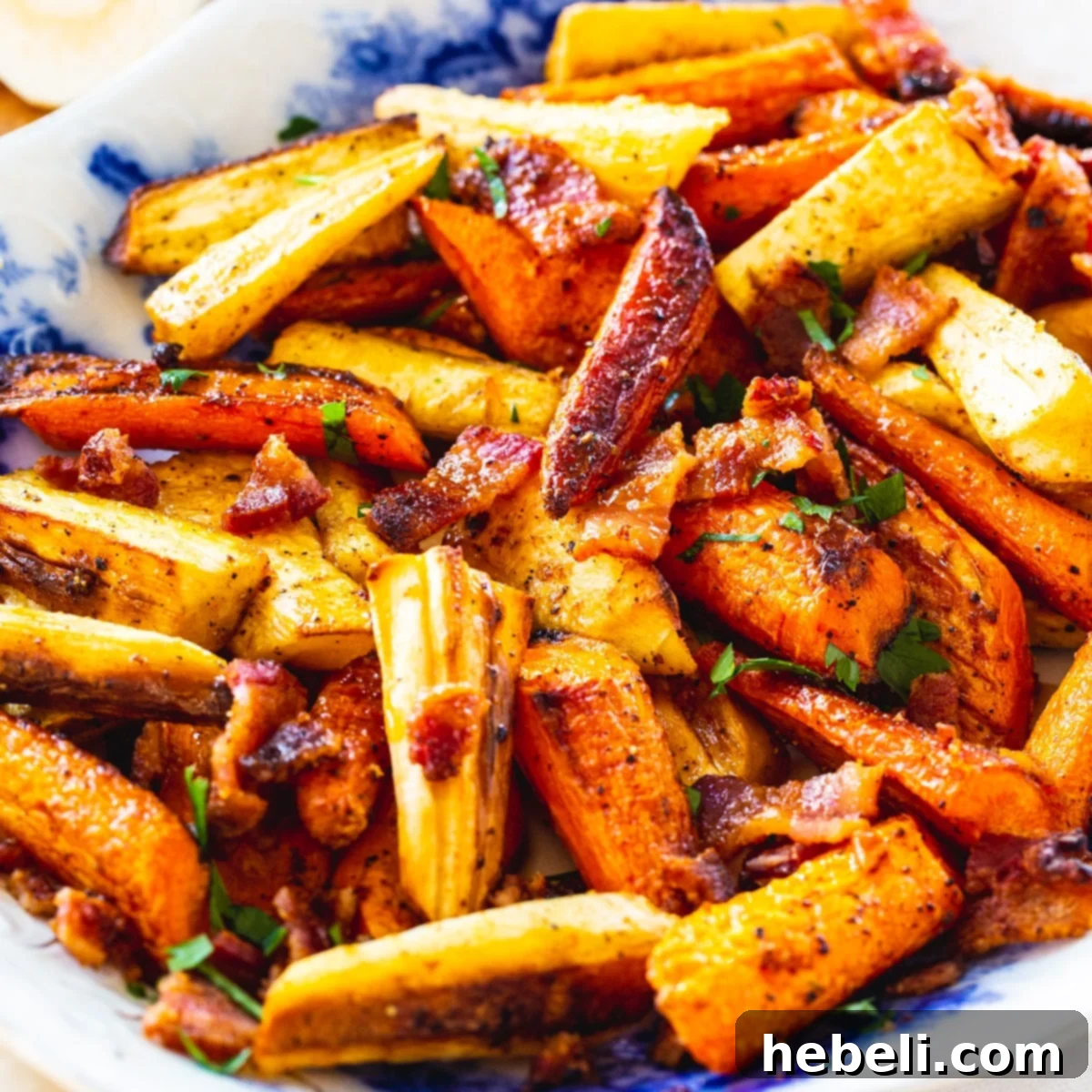 Roasted Carrots and Parsnips on a blue and white serving platter.