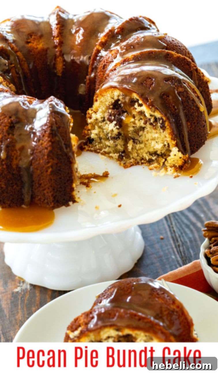 A large, rich slice of Pecan Pie Bundt Cake with brown sugar glaze on a white plate, ready to be enjoyed.