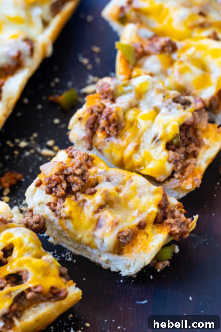 French Bread Sloppy Joe Pizza 4 Close-up of Sloppy Joe French Bread Pizza, perfect for gameday!
