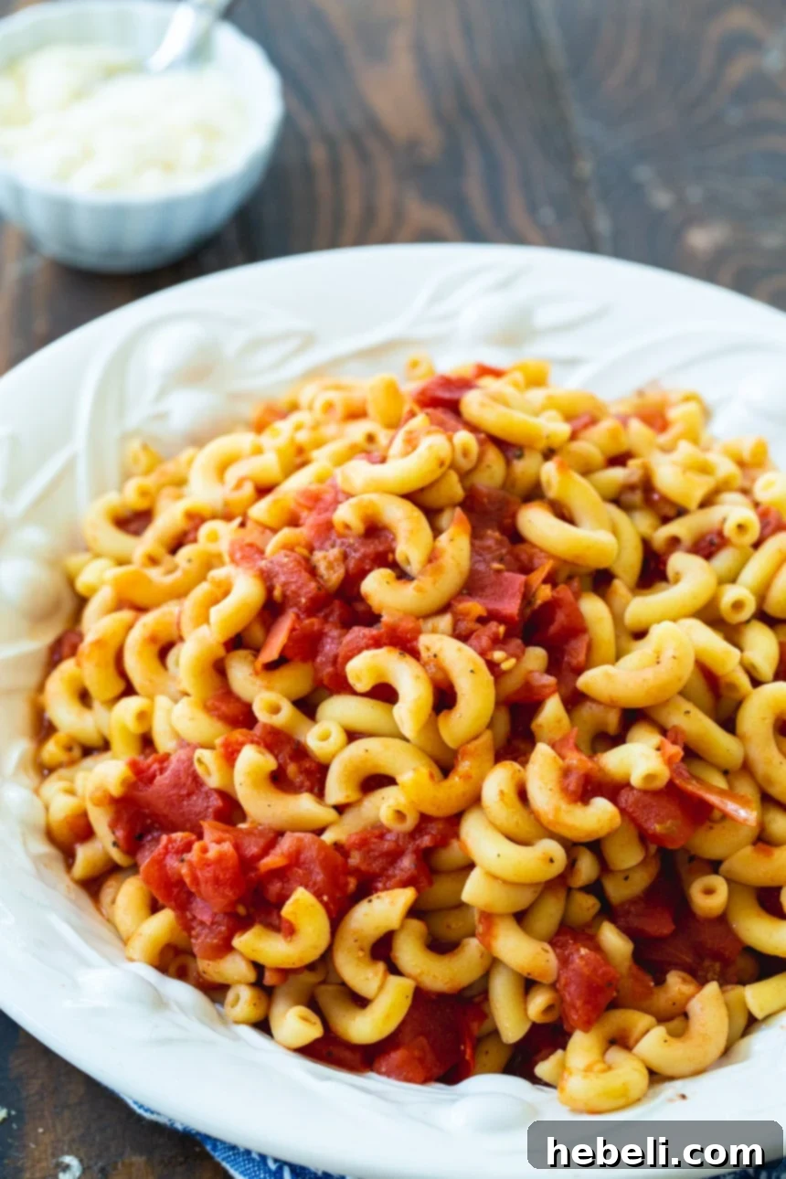 A close-up shot of homemade Macaroni and Tomatoes in a rustic metal pot, showcasing its vibrant red color, tender pasta, and steamy warmth.