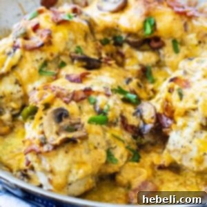 Bacon, Mushroom, and Cheese Stuffed Chicken ready to be served.