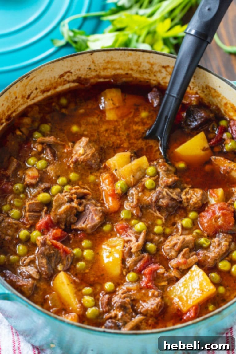 Close-up of a bowl of Beef Stew with visible potatoes, carrots, and peas.