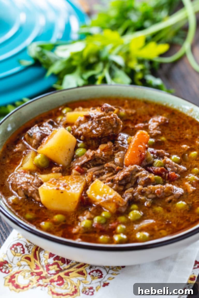 A comforting bowl of old-fashioned Beef Stew with potatoes, carrots, and peas.