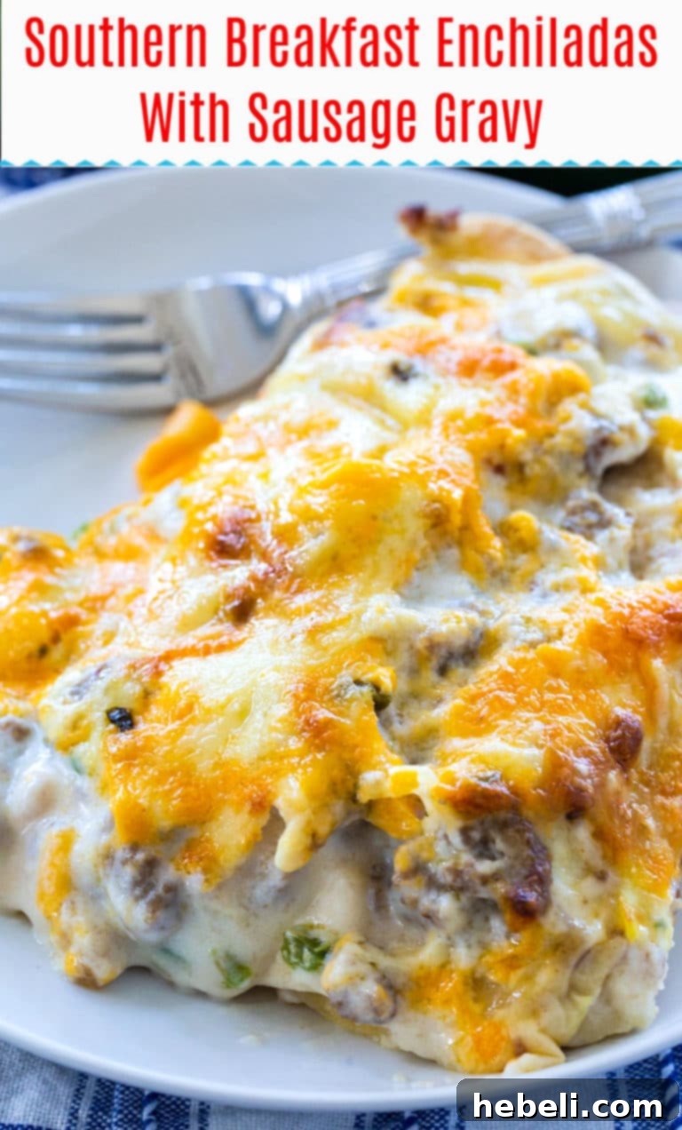 A beautifully presented Southern Breakfast Enchilada on a white plate, garnished with fresh herbs.