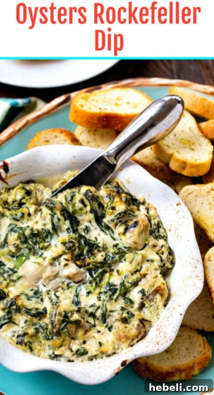 A serving of Oysters Rockefeller Dip garnished with fresh herbs, ready for a festive gathering.
