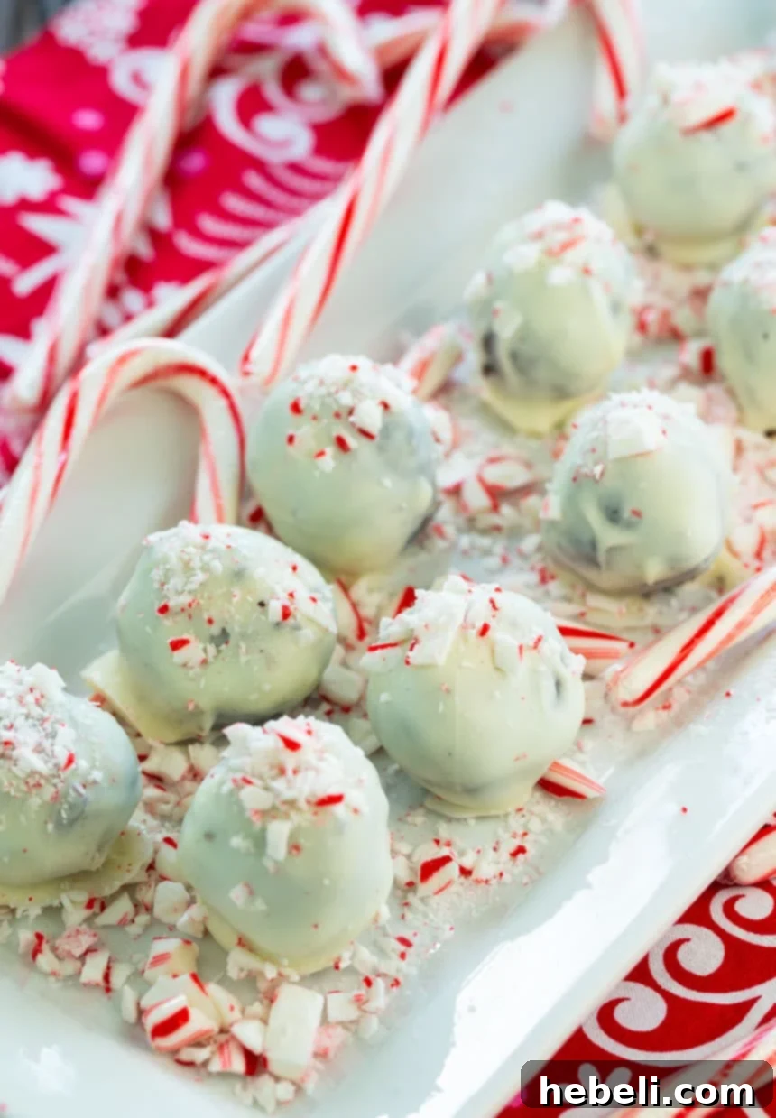 Close up of peppermint oreo truffles on a serving plate