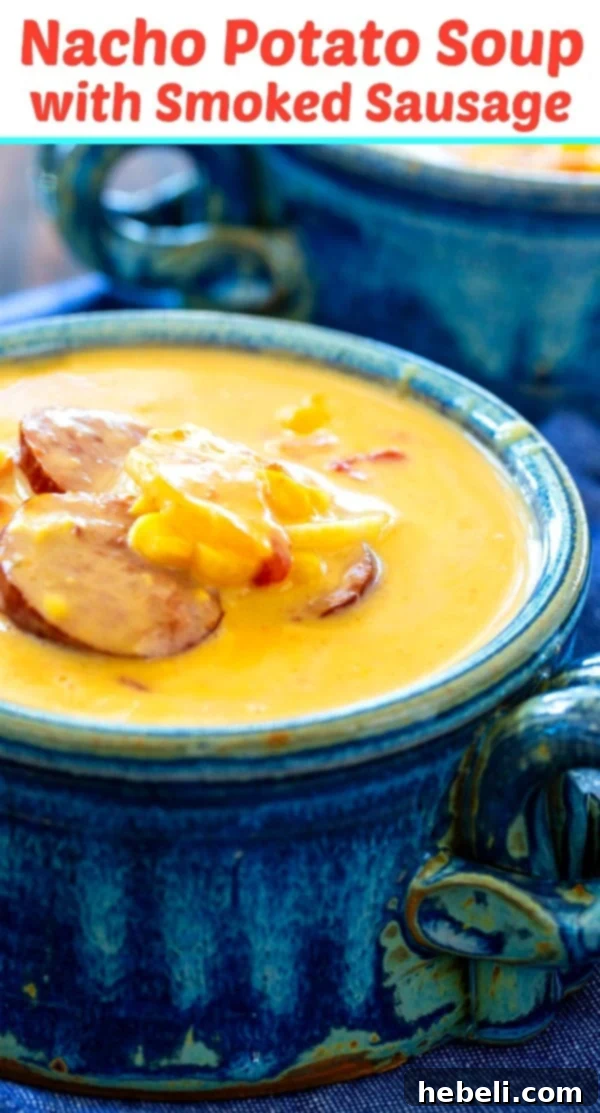 Smoky Sausage Nacho Potato Chowder 6 A top-down view of the Nacho Potato Soup with Smoked Sausage, garnished with fresh cilantro and a side of tortilla chips.