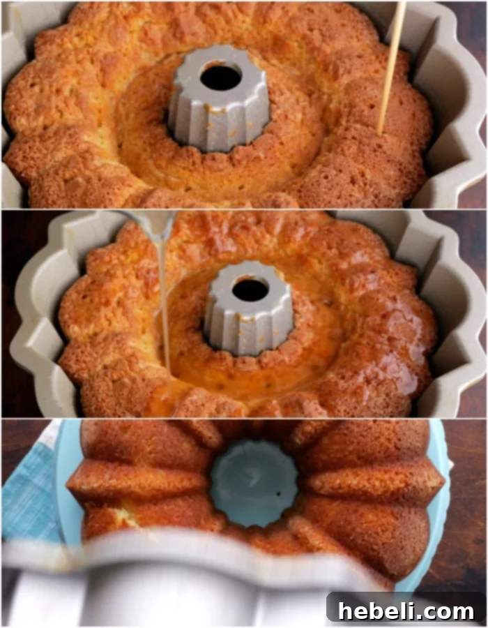 Poking holes in a warm Bundt cake and pouring the bourbon glaze over it, allowing it to soak in.