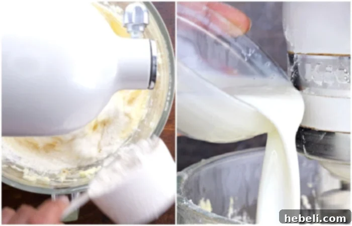 Alternating additions of flour mixture and buttermilk into the wet ingredients.