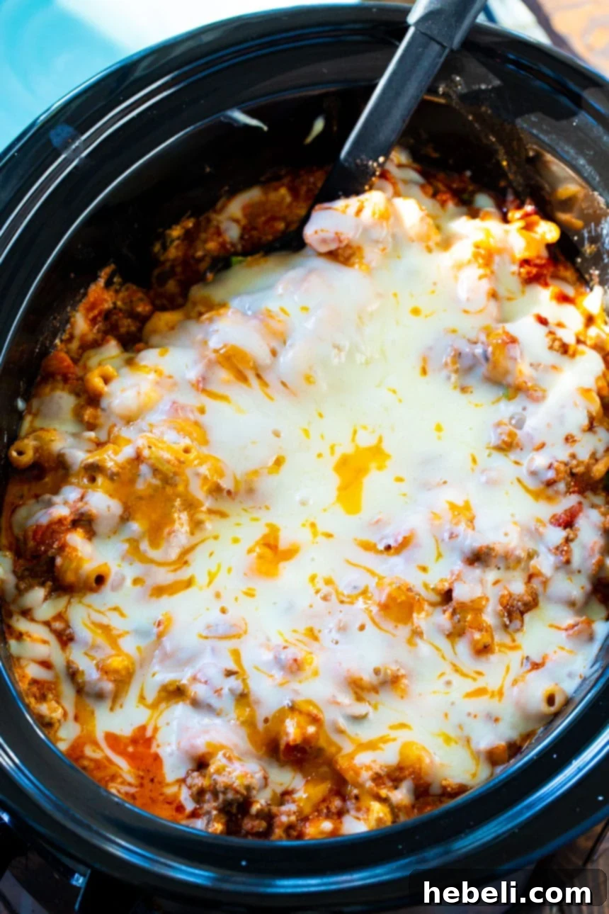 Slow Cooker Comforting Ground Beef Bake 3 Ground Beef Casserole made in the slow cooker, highlighting its rich and creamy texture.
