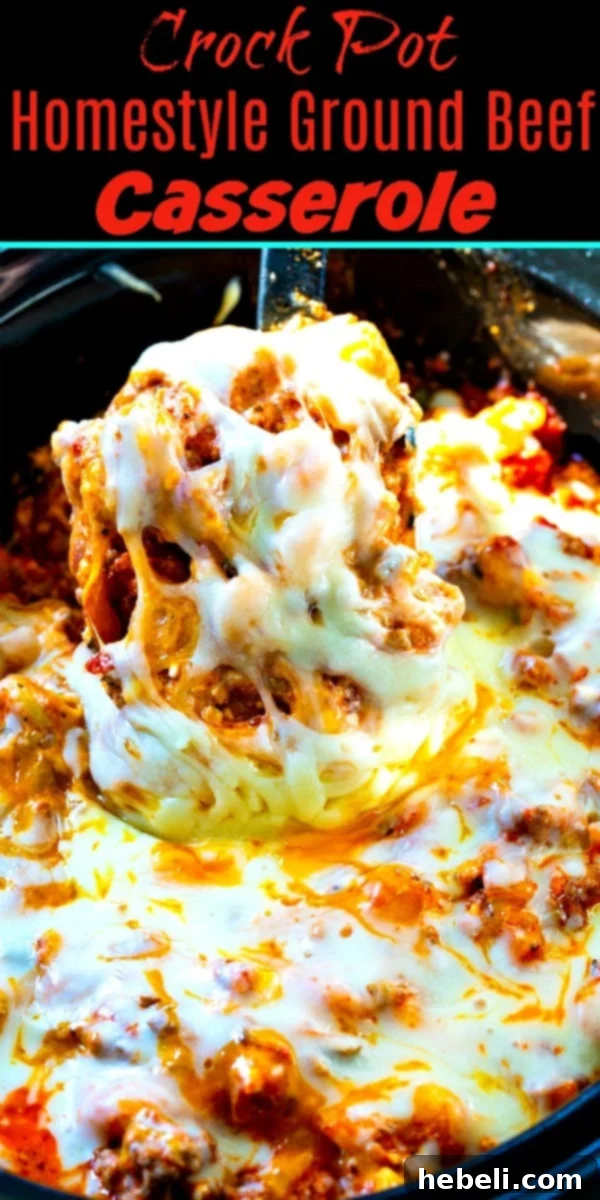 Slow Cooker Comforting Ground Beef Bake 7 Homestyle Ground Beef Casserole in a 6-quart slow cooker, ready to be served.