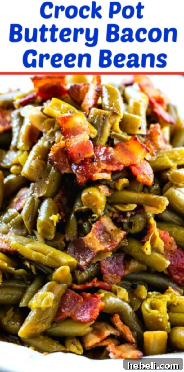 Crock Pot Garlic Buttery Bacon Green Beans 6 Slow Cooker Green Beans with Bacon, served in a rustic bowl.