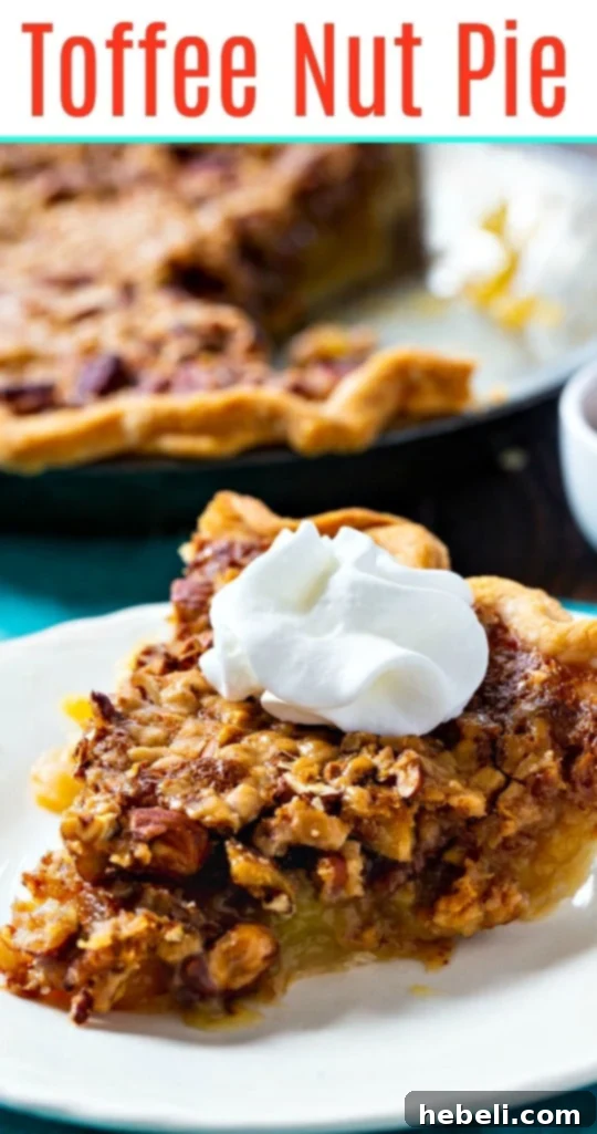 An easy-to-make pie, filled generously with toasted almonds, pecans, and delicious toffee bits, offering a perfect blend of sweet and nutty flavors.