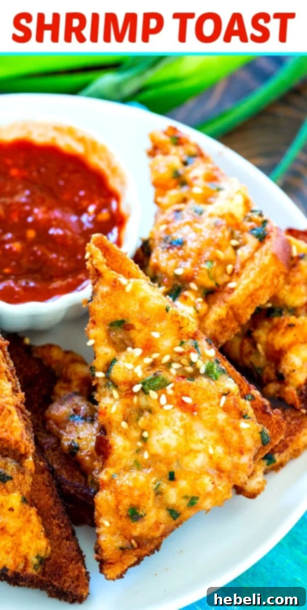 A vibrant close-up of crispy Shrimp Toast, garnished with green onions and sesame seeds, highlighting its irresistible texture and classic Chinese appetizer appeal.