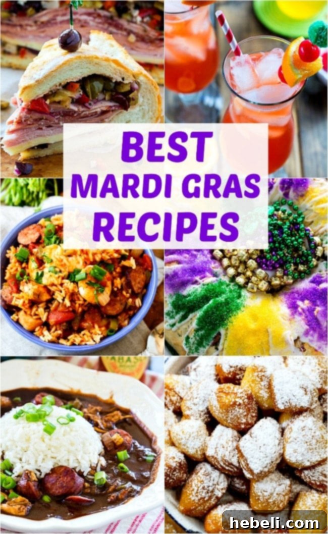 Best Mardi Gras Recipes - a colorful spread of traditional New Orleans dishes like gumbo, beignets, and king cake, perfectly showcasing Louisiana's culinary heritage