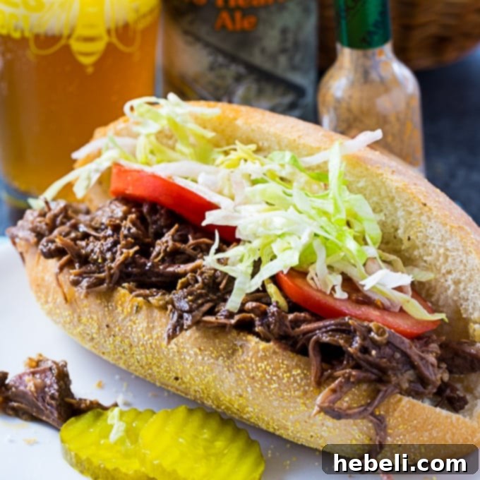Roast Beef Debris Po Boys, slow-cooked beef with rich gravy on French bread, a classic New Orleans sandwich