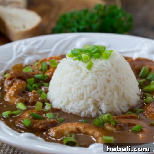 Shrimp Etouffee made with a super flavorful dark roux, bringing a taste of the Big Easy to your kitchen