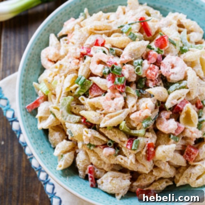Shrimp Remoulade Pasta Salad, a flavorful cold pasta dish with horseradish and tabasco, perfect for a party