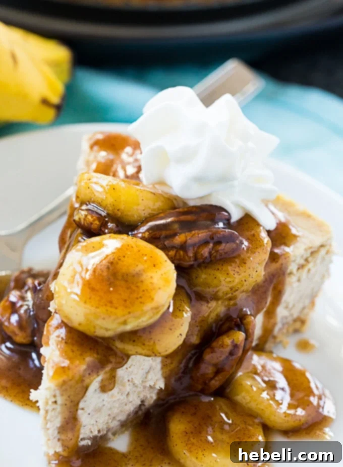 Bananas Foster Cheesecake, a delicious and rich dessert with authentic banana and rum flavor