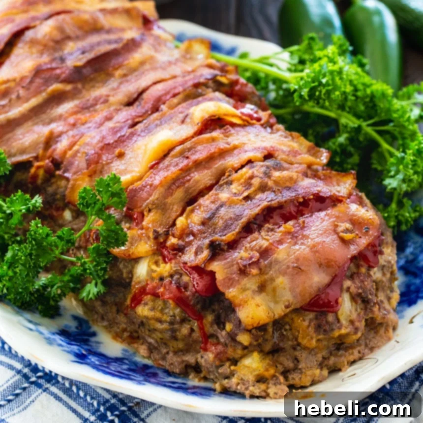 Meatloaf wrapped in bacon on a serving platter with parsley