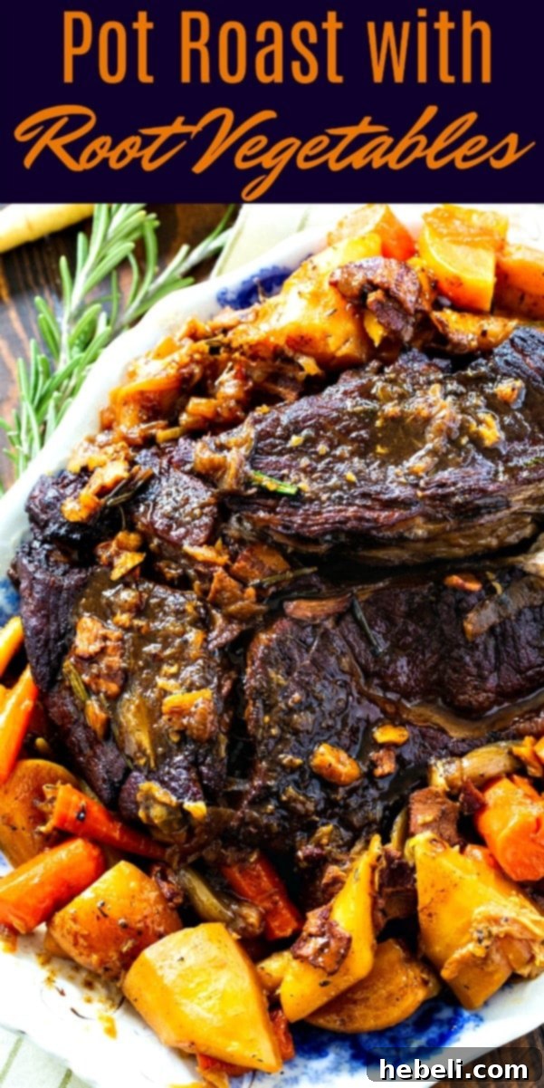 A hearty serving of braised Pot Roast, featuring succulent beef and a colorful medley of tender root vegetables, bathed in a rich, savory gravy. The dish is presented on a rustic plate, emphasizing its wholesome, comforting appeal. Perfect for a cold weather dinner.