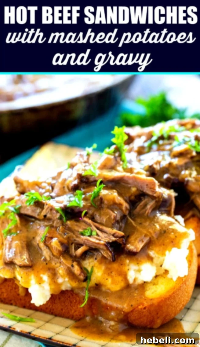 A beautifully plated serving of Hot Beef Sandwiches with Mashed Potatoes and Gravy, ready to be enjoyed.
