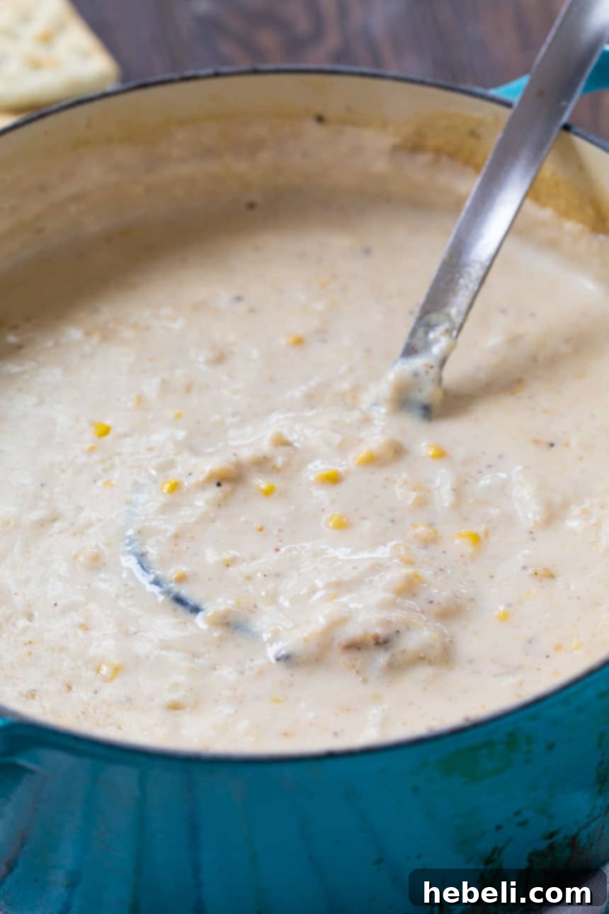 Coastal Crab and Corn Comfort 3 A close-up shot of creamy Easy Corn And Crab Chowder, showing its thick texture and chunks of corn and crab, ready in just 15 minutes.