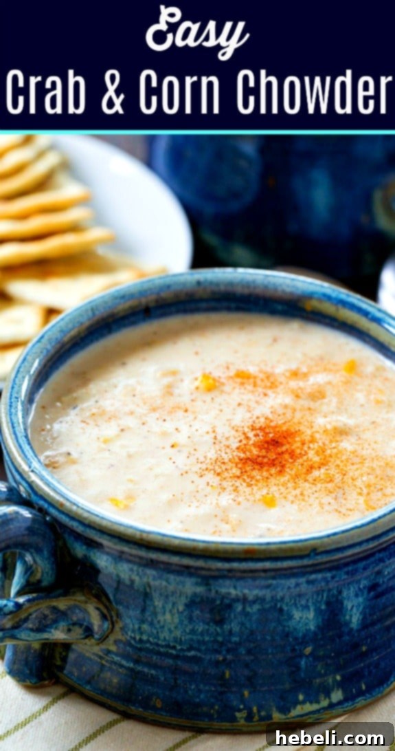 Coastal Crab and Corn Comfort 6 A large serving of Easy Corn and Crab Chowder in a white bowl, showcasing its rich, creamy texture and generous pieces of crab and corn.