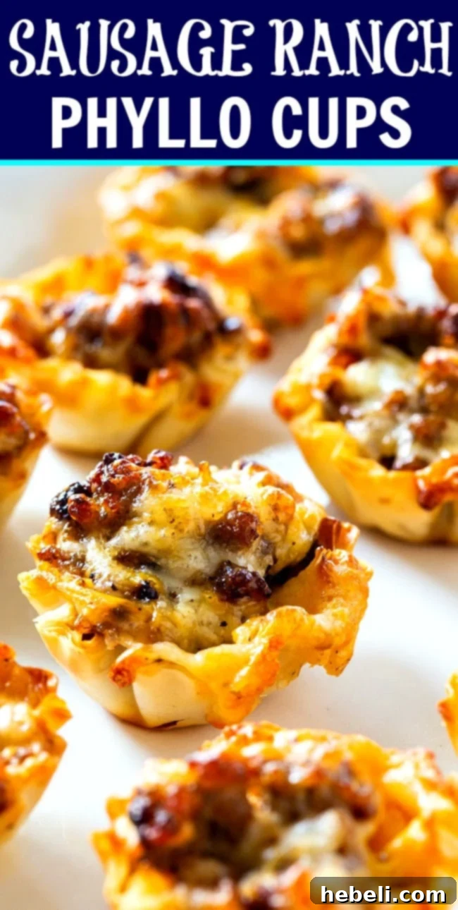 A final close-up of baked Sausage Ranch Phyllo Cups, garnished and ready to be served.