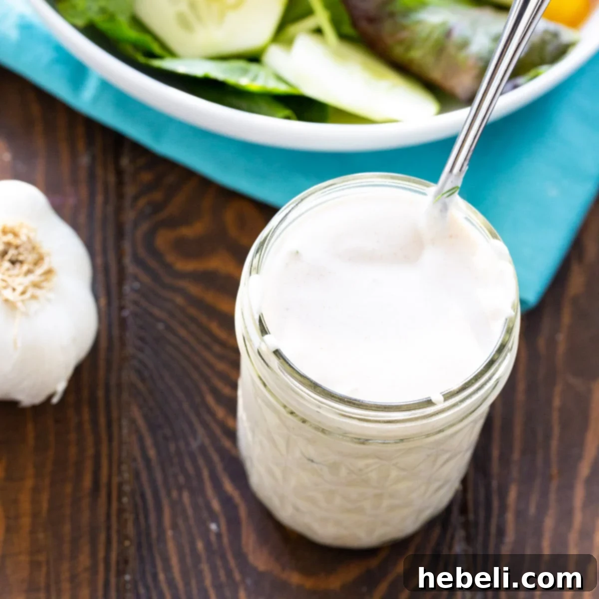 Buttermilk Garlic Dressing in a mason jar, showcasing its creamy texture and fresh appeal.