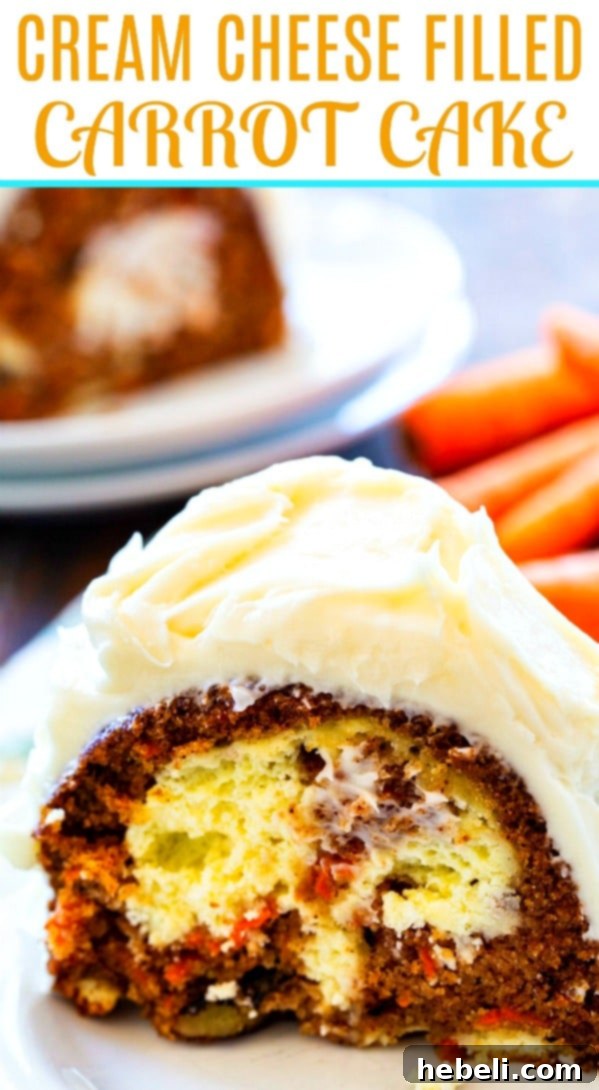 Another beautiful shot of the Cream Cheese Filled Carrot Cake, emphasizing its texture and frosting.