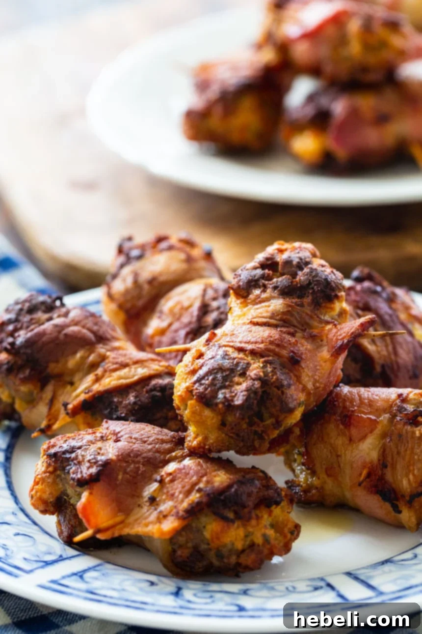 A serving platter filled with numerous Bacon Wrapped Stuffing Bites, ready for a party.