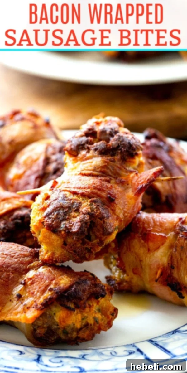 A close-up of a platter of Bacon Wrapped Stuffing Bites, showing the appetizing texture and color.
